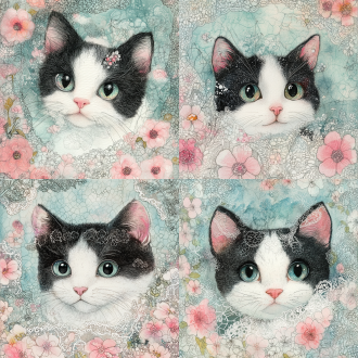 生成一张童真的，甜美的，简洁清新的，水汪汪的眼睛，蕾丝与鲜花，温柔正面猫肖像。 水墨插画 毛线制成