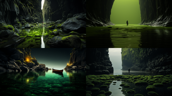 平静海面，洞内沙滩绿水成椭圆，男子站船前，洞外有浮石，高对比度，广视角，亮色，高饱和，神秘宁静，自由活力。