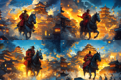 哪吒骑着白马，白马驮着快递箱，哪吒神话人物，少年形象，手持火尖枪，脚踏风火轮，身穿红色战甲，英气逼人，白马高大健壮，毛发洁白如雪，马鞍华丽，马鬃飘逸，步伐稳健，快递箱，现代快递包装，纸箱材质，印有快递公司标志，箱体整洁，绑在马背上。背景苍龙，现代城市的街道，中心构图，金光背景，暖黄主调，8k超清，逆光，霸气神秘氛围，广角镜头，动作激烈。