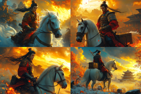 背景有苍龙，哪吒骑着白马，哪吒，男，二十五、六岁，头扎双髻，手持火尖枪，脚踏风火轮，身穿红色战甲，英气逼人，写实风格的真实感图像。白马驮着快递箱，白马高大健壮，毛发洁白如雪，马鞍华丽，马鬃飘逸，步伐稳健，近景，超现实感人物照片，真实感人物姿势、表情特写照片。人物近景照，照片超写实增强风格。