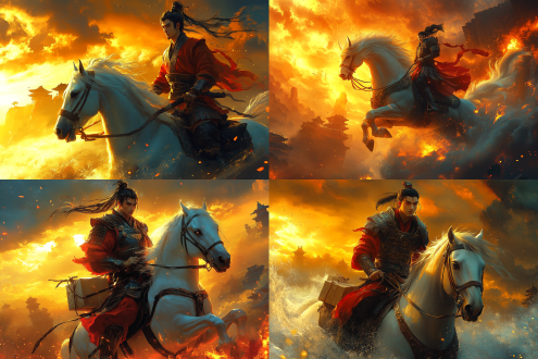 苍龙，哪吒骑着白马，哪吒，男，二十五、六岁，头扎双髻，手持火尖枪，脚踏风火轮，身穿红色战甲，英气逼人，写实风格的真实感图像。白马驮着快递箱，白马高大健壮，毛发洁白如雪，马鞍华丽，马鬃飘逸，步伐稳健，近景，超现实感人物照片，真实感人物姿势、表情特写照片。人物近景照，照片超写实增强风格。