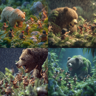 迷你森林实验室，3d渲染，阴暗灯光，雨天背景，几个穿着原始服装的小人拿着长矛和弓在狩猎一只巨大的表情狰狞的棕熊，双方在对峙，动漫大师田中政志风格，丁达尔光照，100mm镜头，4k超高清，等距视角，移轴效果