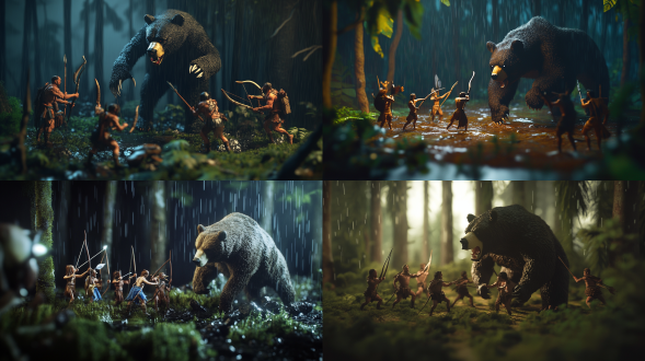 迷你森林实验室，3d渲染，阴暗灯光，森林雨天背景，6个穿着原始服装的小人,3个拿着长矛还有3个拿着弓箭，在狩猎一只巨大的表情狰狞的棕熊，双方在对峙，100mm镜头，4k超高清，等距视角，移轴效果