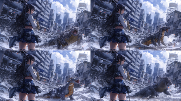 在现代城市的废墟中，一个机甲少女手持枪械，与一头匍匐在地上的机械巨龙对峙