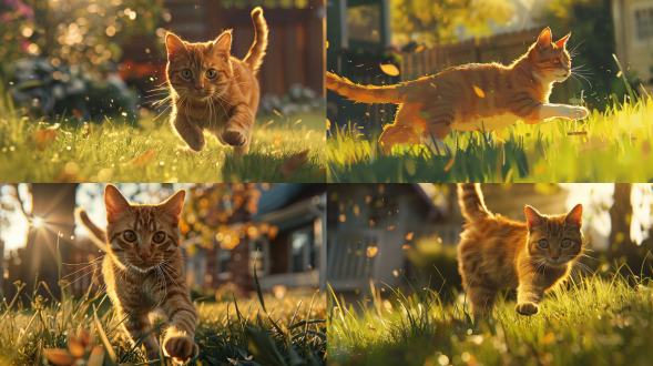 可爱的橘色大脸猫咪，在草坪上奔跑，阳光照耀