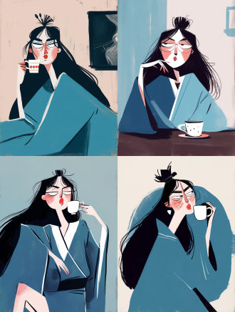 女人在家中吃水果，三分构图，室内温馨环境，冷色调，标准镜头，顶光，特写，有电视和水果元素，优雅表情，安静情绪。