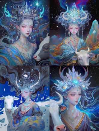 牛角女王披水晶，面容精致冰冷艳丽，旁有牛，背景宇宙星云，皇家蓝调，詹姆斯·简风格，全身侧逆光，梦幻氛围。