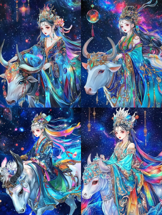 女王披水晶坐牛背，精致冰冷艳丽，宇宙星云背景，詹姆斯·简风格，全身侧逆光，梦幻氛围，超广角，暖冷色调交织。
