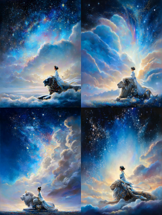 复古汉服女人侧身坐狮背，被宇宙星空与七彩祥云环绕，对角线构图，暖色调，广角镜头，逆光，梦幻优雅，姿态迷人。