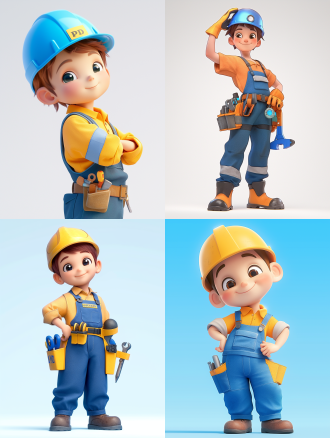 白色背景，3d卡通风格男孩，全身，自信的笑，看向镜头，精致的脸部，电力工作服，蓝色戴安全帽，泡泡玛特配色，由pop mart制作，光滑细腻，黏土材料，辛烷值渲染，超细节，8k,16k，超清晰细节，模型摄影，侧面构图，干净背景，明亮色彩，生动表情，细节丰富，数字艺术，创意设计，灯光效果，童真情感。