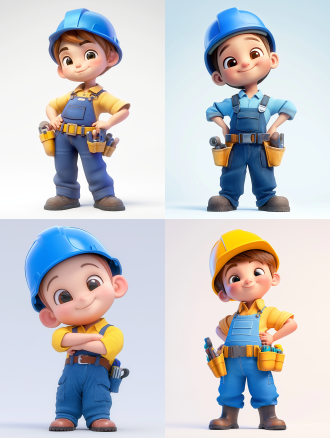 3d卡通男孩，白色背景，全身自信笑容，看向镜头，精致脸部，电力工作服，蓝色安全帽，泡泡玛特配色，黏土材料，辛烷值渲染，超细节，8k,16k，模型摄影，明亮色彩，生动表情，细节丰富，数字艺术，创意设计，灯光效果，童真情感。 全身角色 正视