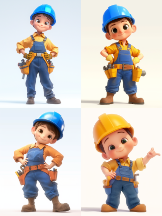 白色背景，3d卡通风格，男孩全身，自信笑容，看向镜头，精致脸部，电力工作服，蓝色安全帽，泡泡玛特配色，pop mart制作，光滑细腻，黏土材料，辛烷值渲染，超细节，8k,16k，超清晰细节，模型摄影，干净背景，明亮色彩，生动表情，细节丰富，数字艺术，创意设计，灯光效果，童真情感。 全身角色 正视
