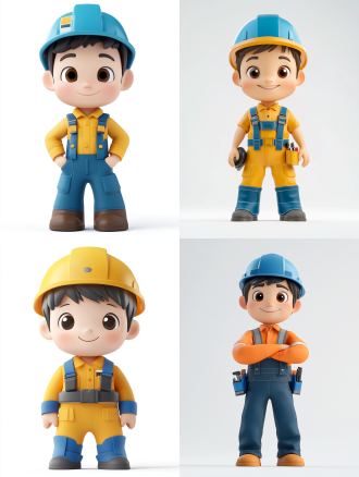 白色背景，3d卡通风格，男孩全身，自信笑容，看向镜头，精致脸部，电力工作服，蓝色安全帽，泡泡玛特配色，pop mart制作，光滑黏土材料，辛烷值渲染，超细节，8k,16k，超清晰细节，模型摄影，干净背景，明亮色彩，生动表情，细节丰富，数字艺术，创意设计，灯光效果，童真情感。 全身角色 正视