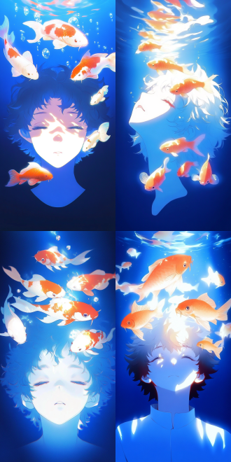 渚薰，闭眼，平静水面，锦鲤色彩，柔和光，4k画质，鱼眼镜头，神秘氛围，动漫截图风，ilya kuvshinov面容。