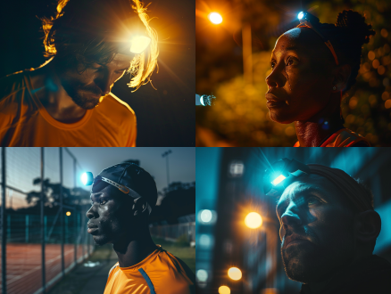 晚上，在户外，一个跑者戴着头灯，轻松自然，特写头部，商业摄影，4k照片，真实光影，高清画质，细节丰富