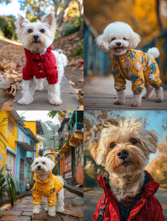 白色长发狗狗站立，人般表情，鲜艳服装，明亮的户外场景，广角镜头，自然光，高饱和色彩，微笑，友好，和谐。