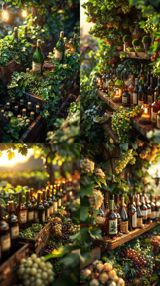 rolands zilvinskis 3d艺术，陈列台浮于葡萄园上摆葡萄酒，春色特写有酒杯，风格化插画，梦幻氛围，4k细节，暖光，顶视角。