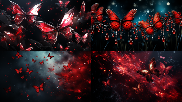 红背景，五彩斑斓的水晶蝴蝶由小到大飘过，极致的线条科技感，高饱和度，细节丰富，写实风格。