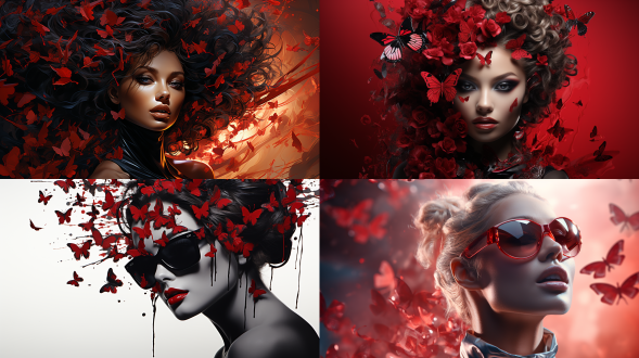 红色色调，蝴蝶，晶莹，人物，背影，时尚，高端，沙龙会，细节，高光，写实。