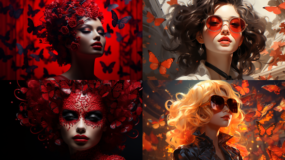 红色色调，蝴蝶，晶莹，阴影，时尚，高端，沙龙会，细节，高光，写实。