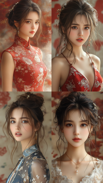 美女，旗袍，簪子头，全身，极致线条感，红色云纹背景，国风美学，细节清晰，超高分辨率