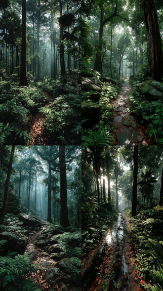 写实热带雨林，三分法构图，长焦，超广角镜头，逆光，模仿爱丽丝梦游仙境，细节清晰，8k超清
