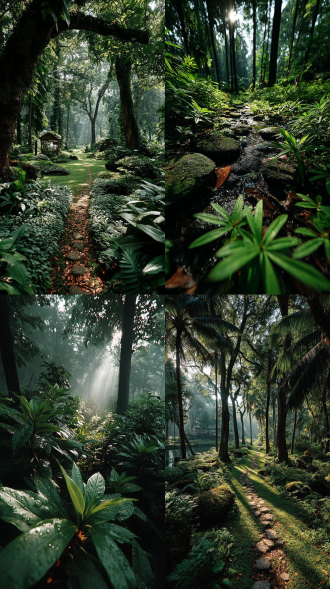 绿色热带丛林，三分法构图，长焦镜头，逆光，绿野仙踪氛围，奇幻，细节清晰，8k超清