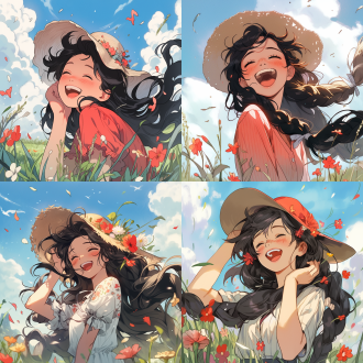 一个开心的女孩，黑色长发，麻花辫，大笑，草帽，花，花田，风，蓝天，云，户外，红色衬衫，春天。