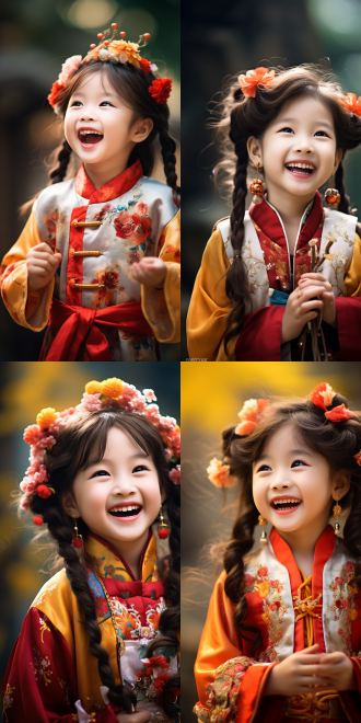 可爱漂亮大笑中国古代小女孩，公园，黏土雕塑材质，电影照明，中心构图，柔和光线，自然环境，长焦镜头，高饱和度，正面表情，鲜艳色彩，快乐情绪，细腻纹理，自然背景，生动活泼。