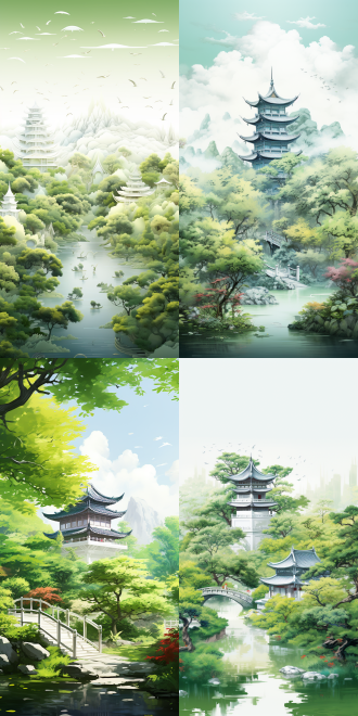 夏天的风景，茂密树林，亭子，文昌塔，白底中国画，绿色，折纸插画，2，3d浮雕，8k，高清，自然光线，细腻纹理，宁静氛围，传统元素，和谐色彩，立体感，细节丰富，文化韵味。