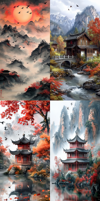 山水画，山峦叠嶂，水波粼粼，飞鸟翱翔，亭子静立，秋意浓，层次感强，绘画风格，特定视角，柔和光线，明亮色彩，东方美学，长焦镜头，自然光，静态构图，温暖色调，宁静氛围。 中式赛博 国墨 未来城市