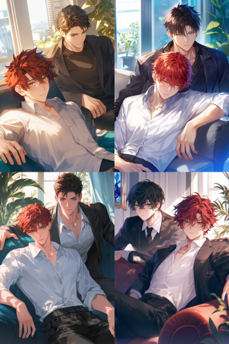 一个25岁帅气少年，穿着白色衬衫，红色短发，金色眼睛，脸颊红润，一个28岁帅气男人，黑色短发，蓝色眼睛，黑色大衣，正面视角，坐在沙发上，背景是客厅，动漫风格 ，完美的双人构图，高质量的细节,模糊，明暗对照，8k分辨率