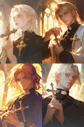 男性，金色长发，中分，神父，手握着十字架，魅力蓝眼，动漫美学，面部细节，眼睛细致，角色肖像，超高质量，教堂金光，摄影风格，电影氛围，电影光效，艺术杰作，清晰面部，精细cg，8k