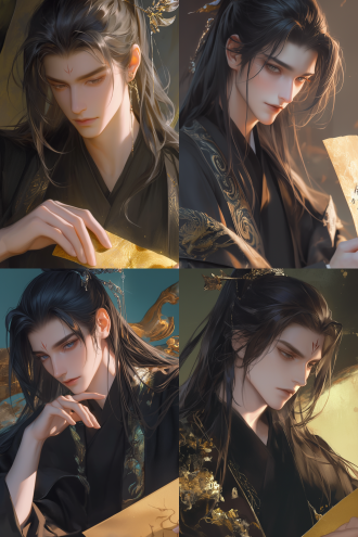 chinese style, panorama a handsome ancient man with a mark on his forehead, long black hair, high ponytail, handsome, wearing a chinese-style black black robe, holding a yellow rune paper, a small v face, a bjd baby face, exquisite facial features, facial details, texture, detail rendering, two-dimensional painting style, texture, artistic conception, realism, high resolution, high quality, 16k ultra-high image quality.