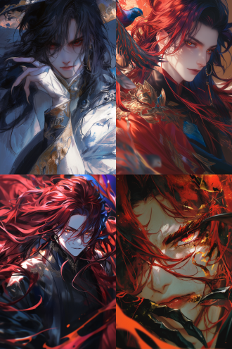 红丝绒黑色长发大波浪男子， 人物特写，插画，二次元，高清8k，细节丰富，浅景深，色彩晕染，朦胧梦幻质感，模糊弥散，暗夜微光，漫反射，华丽的饰品和纹理 主题枯萎，高精细，冷色调，蓝色环境光， 主色红+浅云+黎色色系，背景深色金箔岩彩， 工笔勾勒，金色银色点缀， 空间层次感强，纵深感强，透视感强，场景感， 色彩层次丰富，对比鲜明，金银色点缀， 水墨，水彩晕染，泼墨效果，色彩晕染弥散，笔触粗犷而不失细腻，磨砂肌理， 画面拼贴，画面氛围空灵写意，强调意境，神秘深邃，宁静与热烈并存，禅意意境