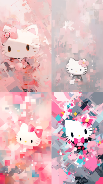 hello kitty抽象画，极简主义，灰白黑粉色调，无表情，几何形状，抽象背景，柔和光线，长焦镜头，静态，神秘感。