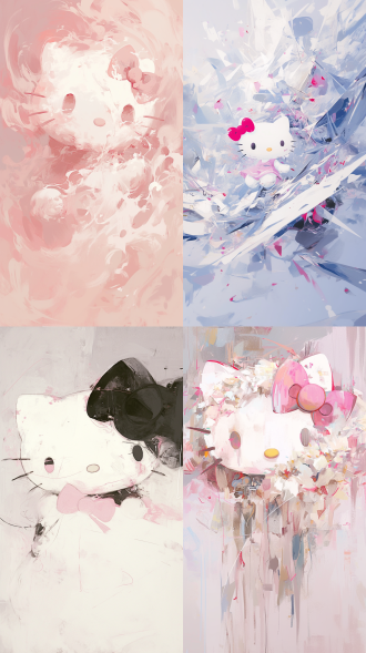 hello kitty抽象画，极简主义，灰白黑粉色调，中心构图，无背景，超现实风格，柔和光线，抽象元素，平静情感。