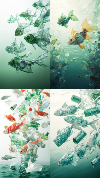 prompt:fish schools are made from various garbage materials such as cans and plastic bags, float on the sea, plastic material, a gradient background of white and green, dispersion point, scatter perspective, clean picture, surreal photography, creative illustration advertisement, eco-friendly ads, real stereo photography, tatsuta tanaka, perfect lighting, studio lighting, high definition quality, 8k