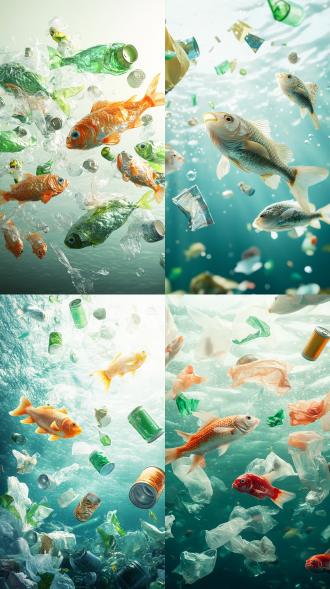 prompt:fish schools are made from various garbage materials such as cans and plastic bags, float on the sea, plastic material, a gradient background of white and green, dispersion point, scatter perspective, clean picture, surreal photography, creative illustration advertisement, eco-friendly ads, real stereo photography, tatsuta tanaka, perfect lighting, studio lighting, high definition quality, 8k