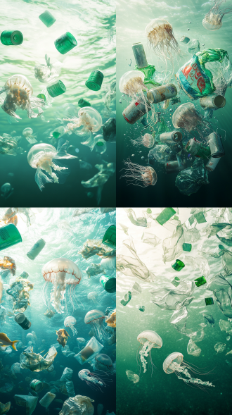 prompt:fish schools are made from various garbage materials such as cans and plastic bags, float on the sea, plastic material, a gradient background of white and green, dispersion point, scatter perspective, clean picture, surreal photography, creative illustration advertisement, eco-friendly ads, real stereo photography, tatsuta tanaka, perfect lighting, studio lighting, 以水母为主体high definition quality, 8k