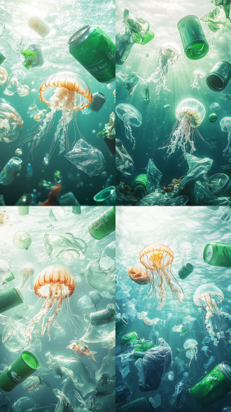 prompt:fish schools are made from various garbage materials such as cans and plastic bags, float on the sea, plastic material, a gradient background of white and green, dispersion point, scatter perspective, clean picture, surreal photography, creative illustration advertisement, eco-friendly ads, real stereo photography, tatsuta tanaka, perfect lighting, studio lighting, 以水母为主体high definition quality, 8k
