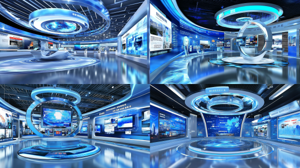 科技展厅无人空间，中心对称布局，宏大场景，冷色调，超广角镜头，顶光，科技展项，低反射，静谧，恢弘。