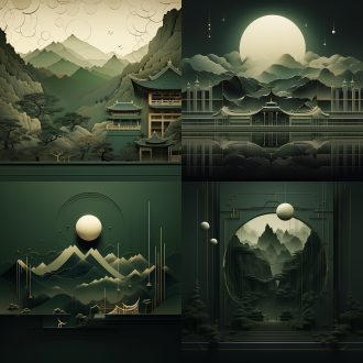 纸屏上山水古宫与远山，黄金分割构图，暗绿淡雅色调，长焦小景深，极简风，营造宁静悠远氛围。