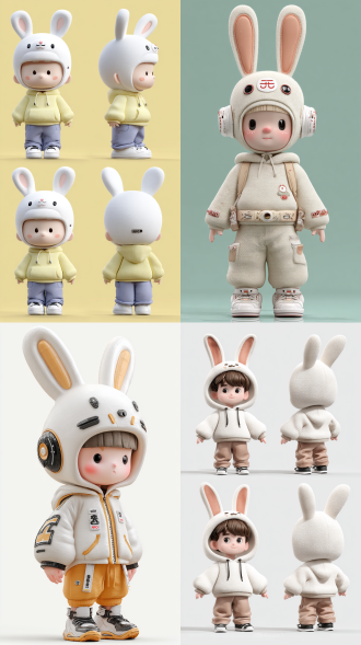 full body, generate three views, namely the front view, the side view and the backview, chinese zodiac, super cute boy wearing a rabbit shaped hat , tech elements, stylish clothes, standing posture, super cute ip by pop mart, hbi, model, blind box toys, fine gloss, clean background, 3d render, ocrender, best quality, 4k, super detail, pop market toys, studio lighting,