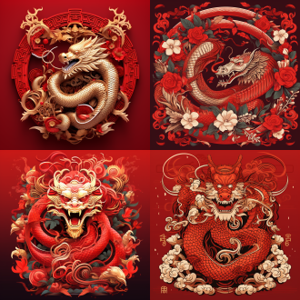 2025，龙和蛇的结合，中国风，红色背景，喜庆的风格