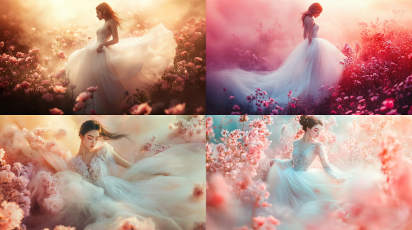 花妖古代美女着白纱长裙，全身照，花朵环绕，三分构图，梦幻风，浅景深，暖光，柔焦，迷人姿态，粉色系，媚惑。