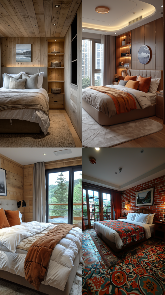 床头灯柔光，整洁舒适床铺，广角高清镜头，墙面挂件纹理，电视机风景画面，木质洗手台和衣柜，温馨氛围，室内酒店客房，迷人。