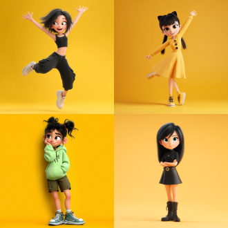 黑发可爱女孩，微笑于黄背景前，全身像，卡通ip风，动感足，柔和配色，工作室光，c4d建模，ultra hd 8k，宛如皮克斯动画般精美，高清。