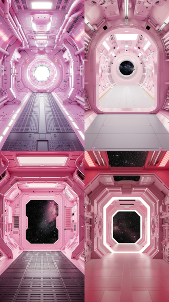 画面中央是一扇较大的浅红色的太空舱门，画面的视角是望向门的，门是开着的，门外是漆黑的宇宙星空，太空舱内是明亮的环境，整体给人一种身处未来高科技太空舱内的感觉。低角度，look up，high detail ，hyper quality，high resolution，fhd，8k，8k smooth。