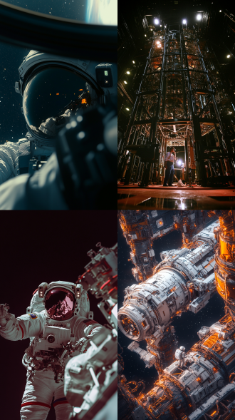 画面是一个宇航员的视角，这个宇航员正在太空中检查一个太空望远镜，他面前是一个巨大的太空望远镜，宇航员周围是漆黑的太空，画面要像美国大片一样震撼，给人强大的压迫感。低角度，look up，high detail，hyper quality，high resolution，fhd，8k，8k smooth。